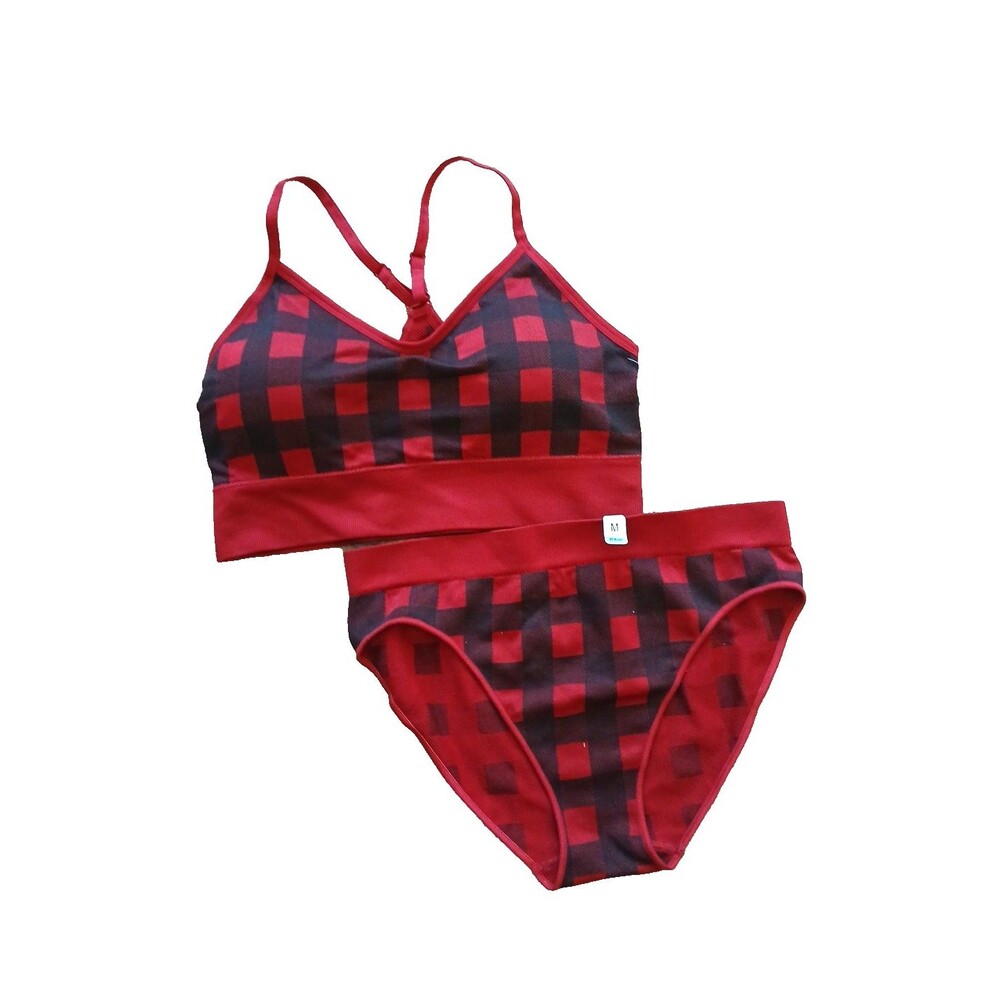 Maurices Padded Racerback Bra & Bikini Panties Set Size Med Black & Red Plaid